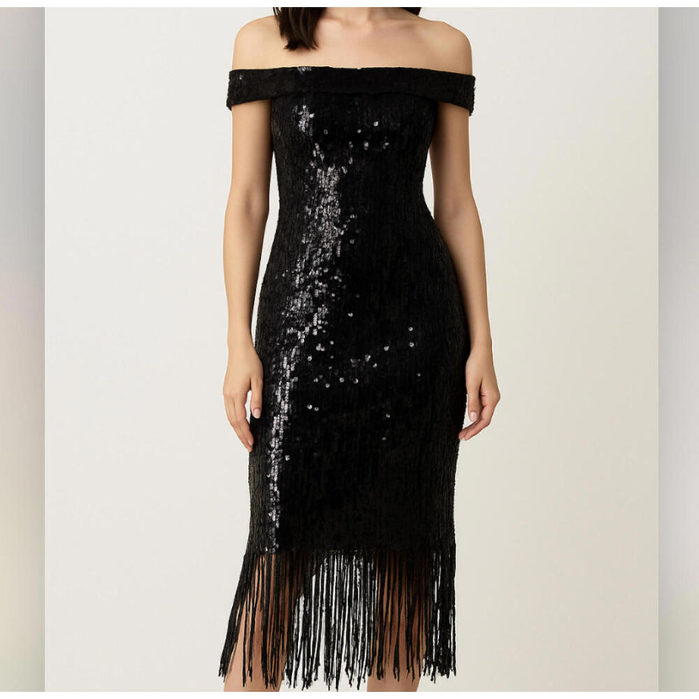 JOVANI black sequin fringe off the shoulder midi dress sz 2